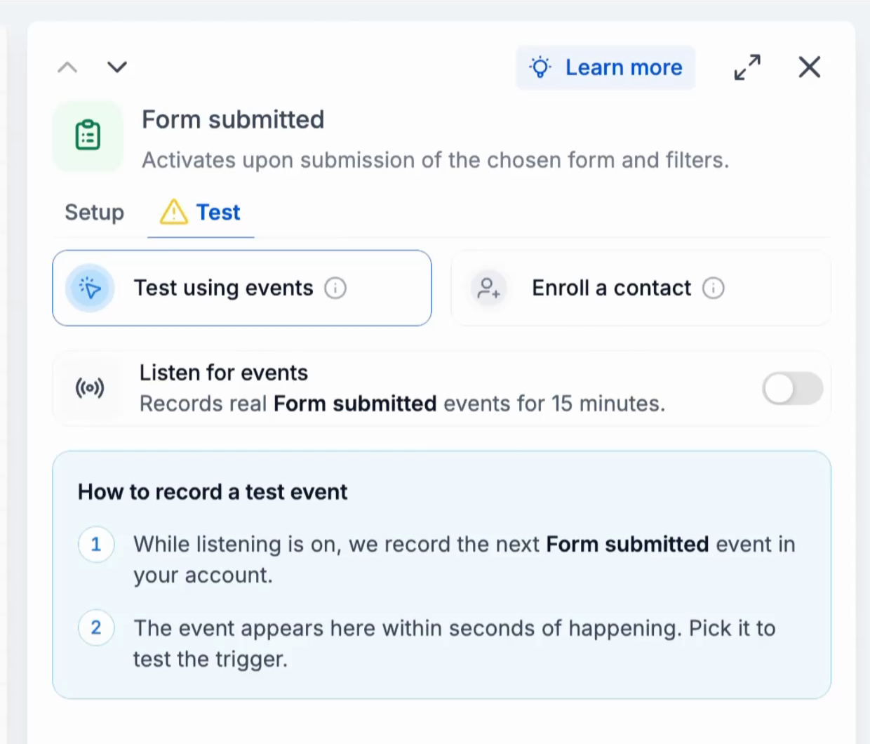The Test tab on a Form Submitted trigger