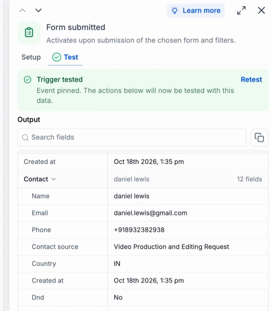Trigger tested, with the pinned event as output