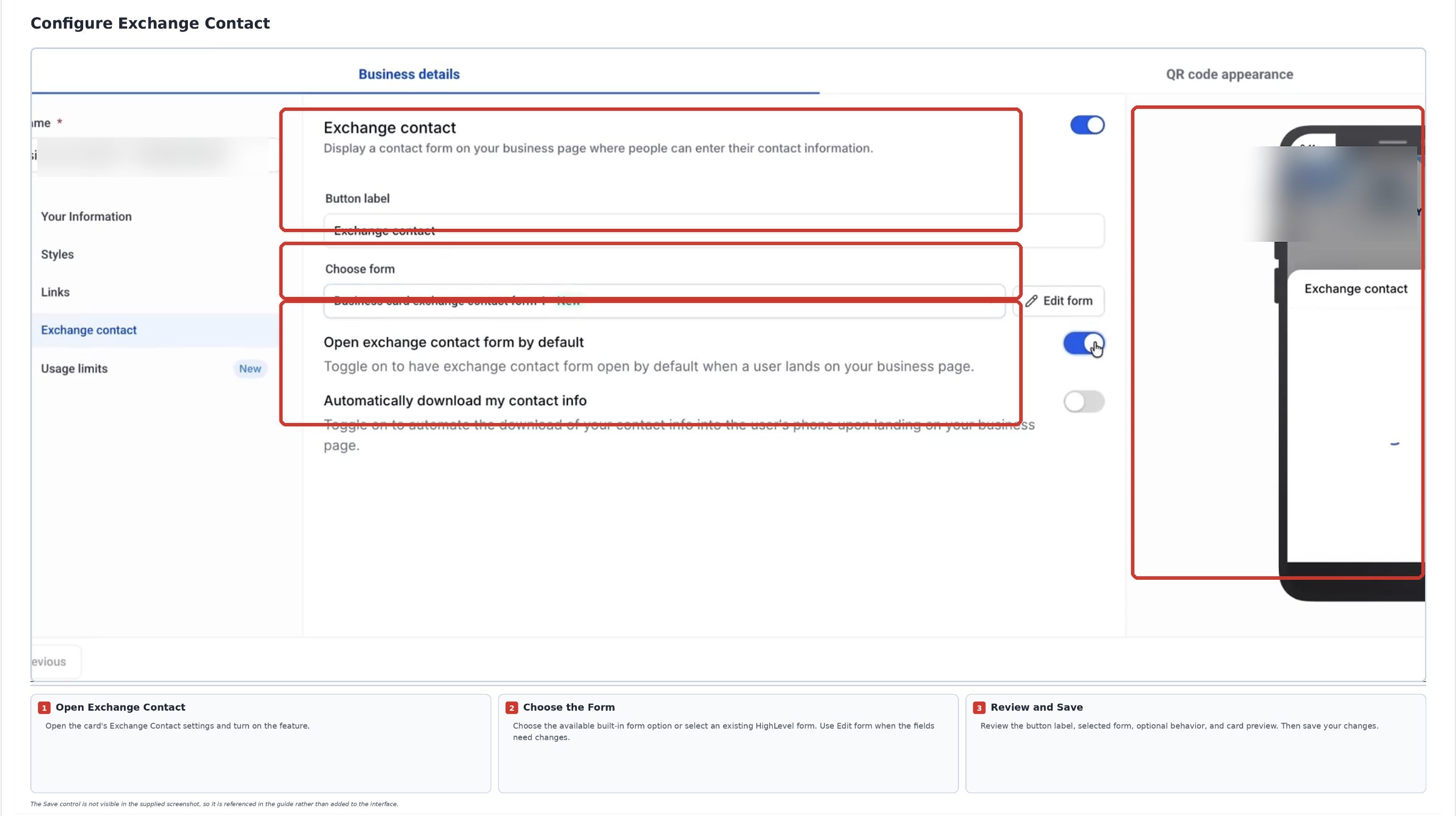 Exchange Contact settings and form selection