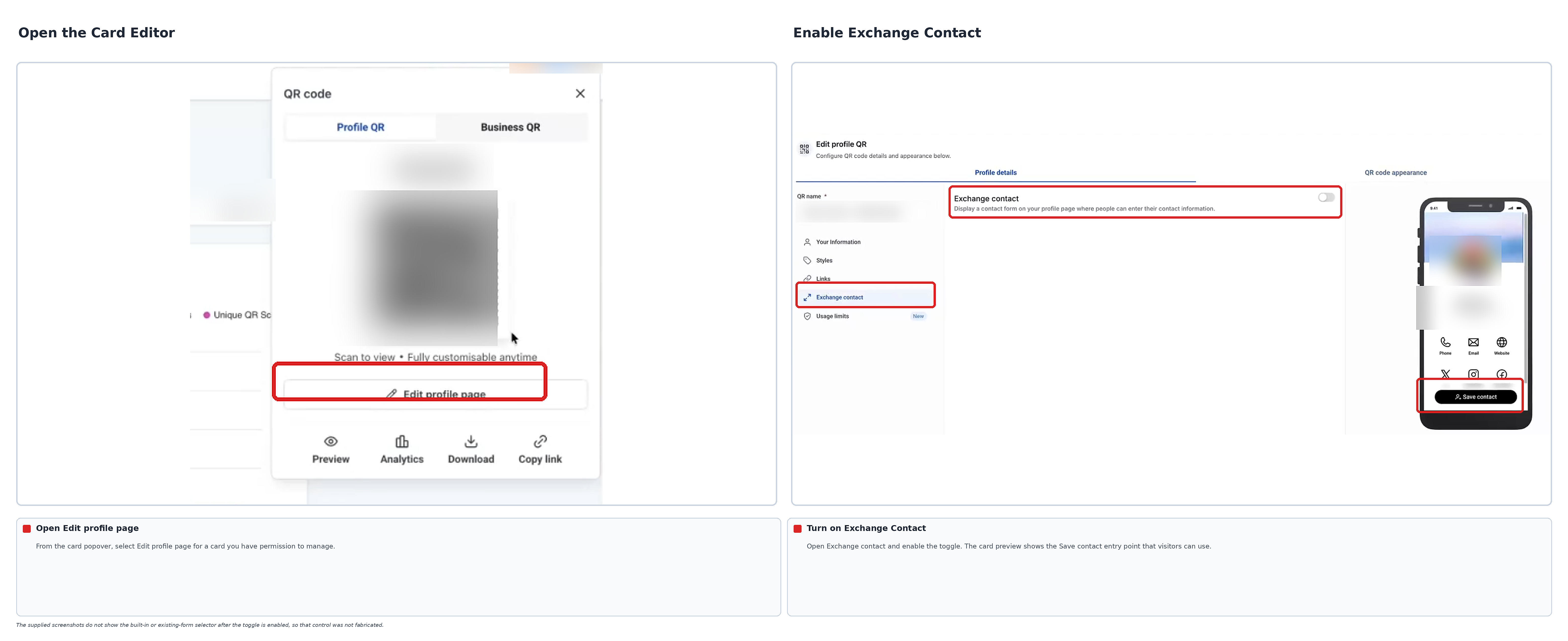 Card editor showing the Exchange Contact option