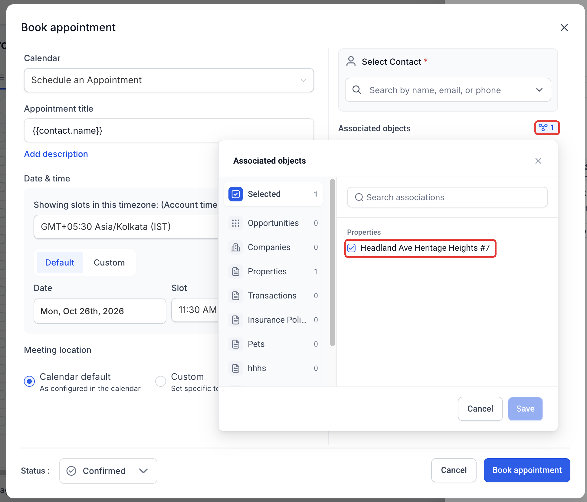 Step 8: When booking a meeting, open Associated objects to confirm the current record is preselected.