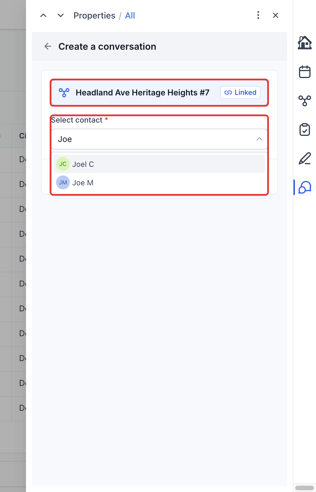 Step 6: In Conversations, click Create a conversation. The record is already Linked. Select a Contact and continue.