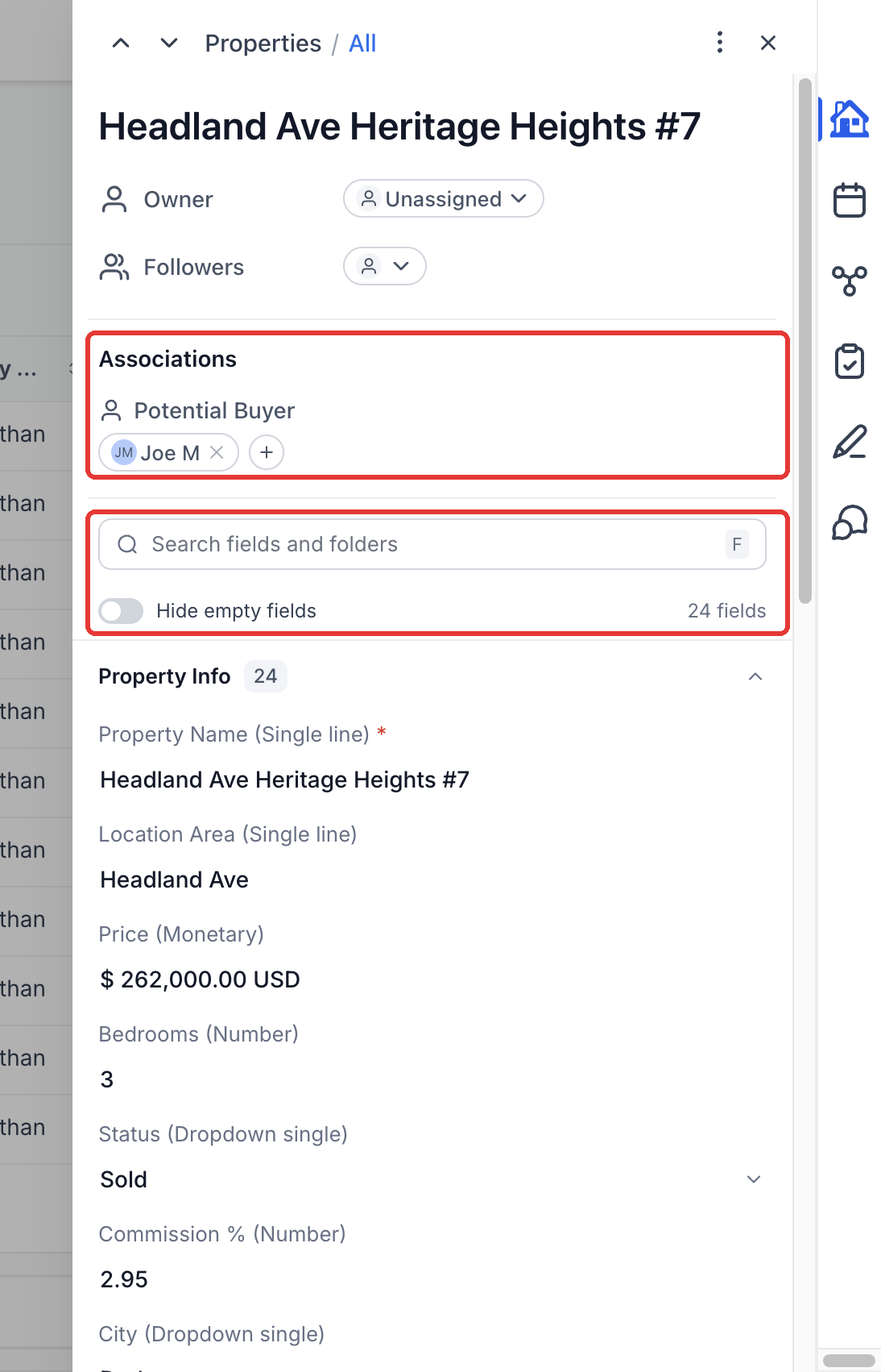 Step 2: Review associations and fields in Details. Use field search and Hide empty fields to narrow the view.