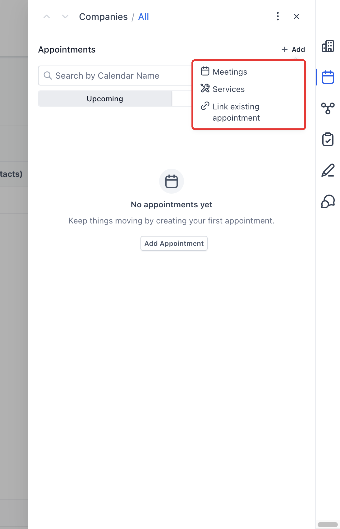 Step 7: In Appointments, click Add, then choose Meetings, Services, or Link existing appointment.