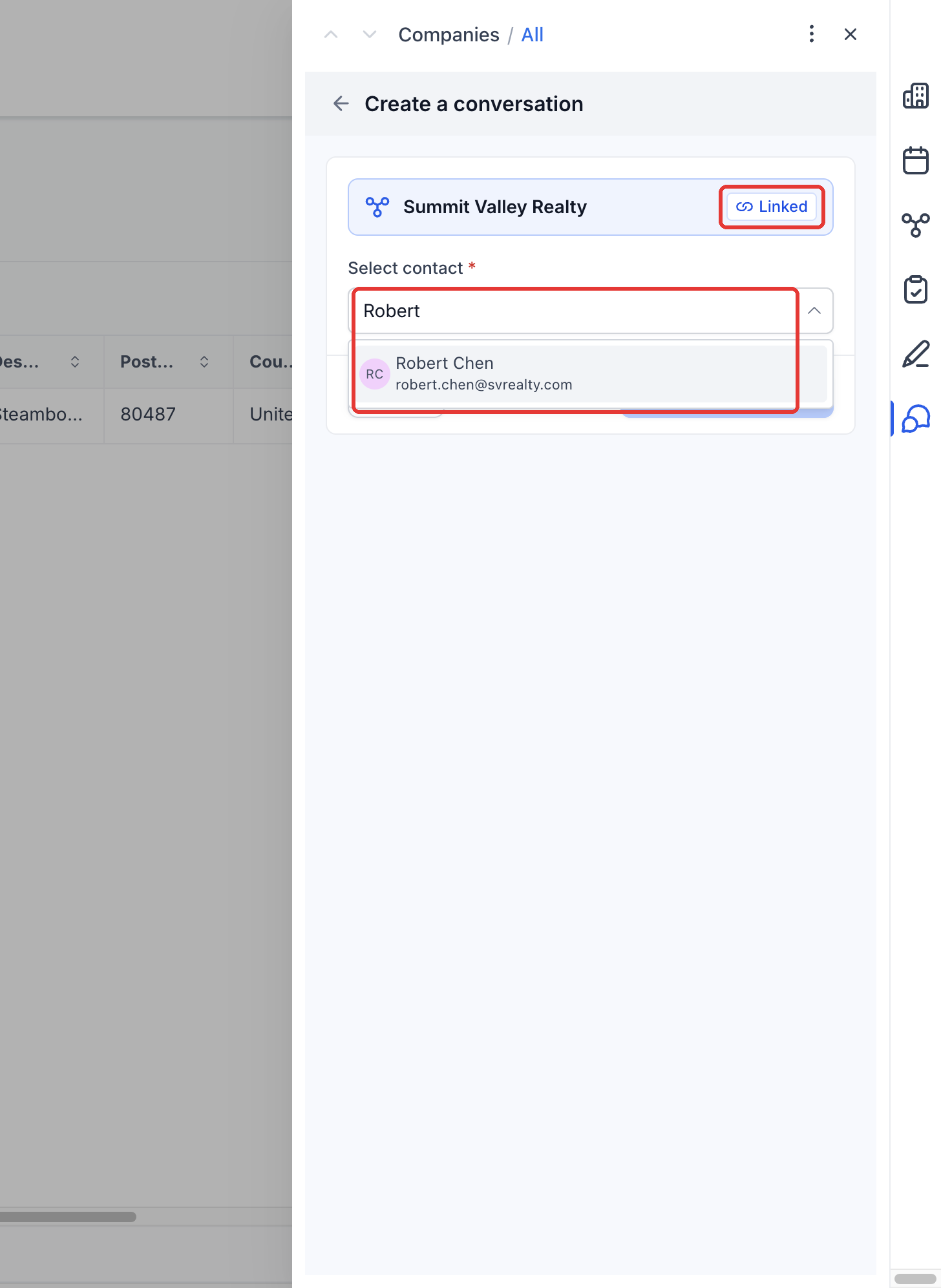 Step 6: In Conversations, click Create a conversation. The Company is already Linked. Select a Contact and continue.