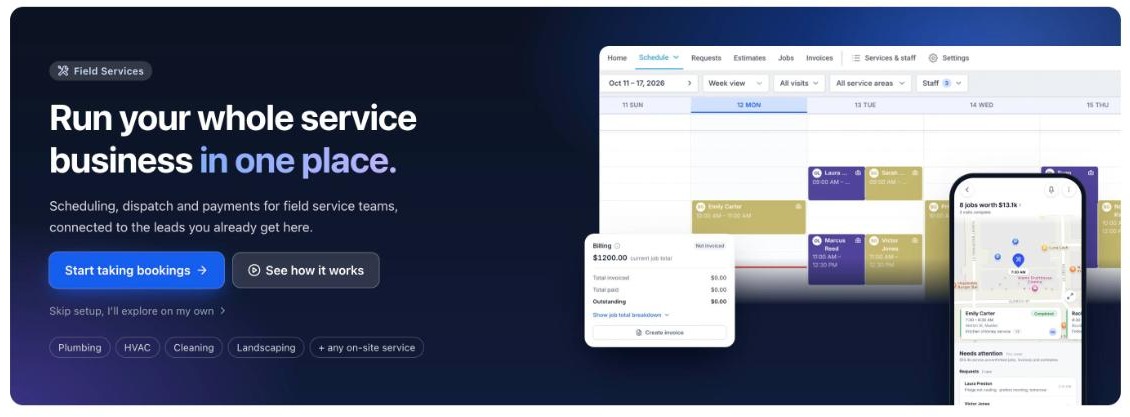 Field Services welcome page with the headline Run your whole service business in one place