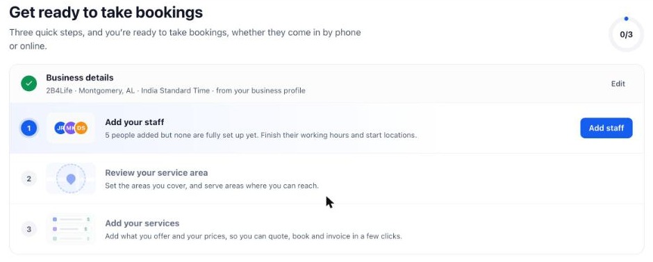 The Get ready to take bookings checklist with three setup steps