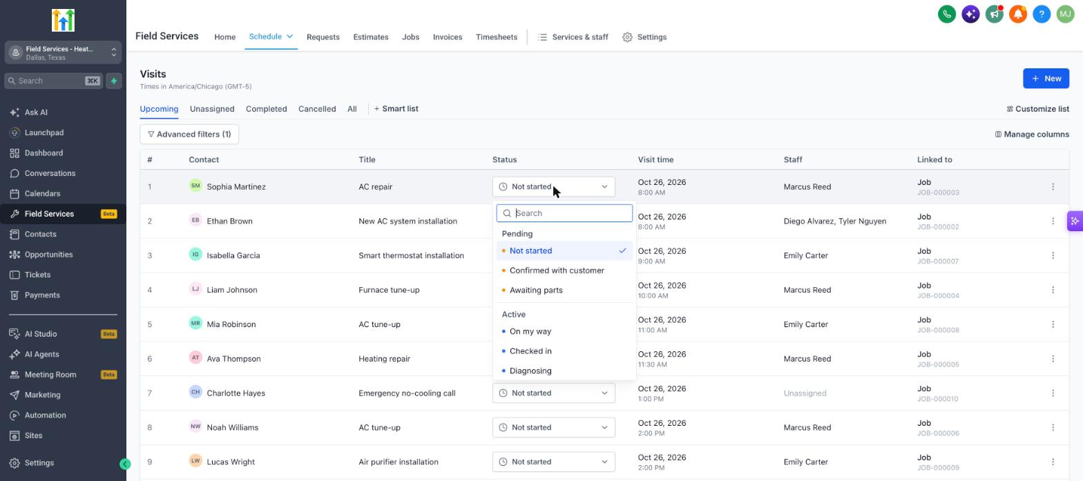 Visit status dropdown grouped by state