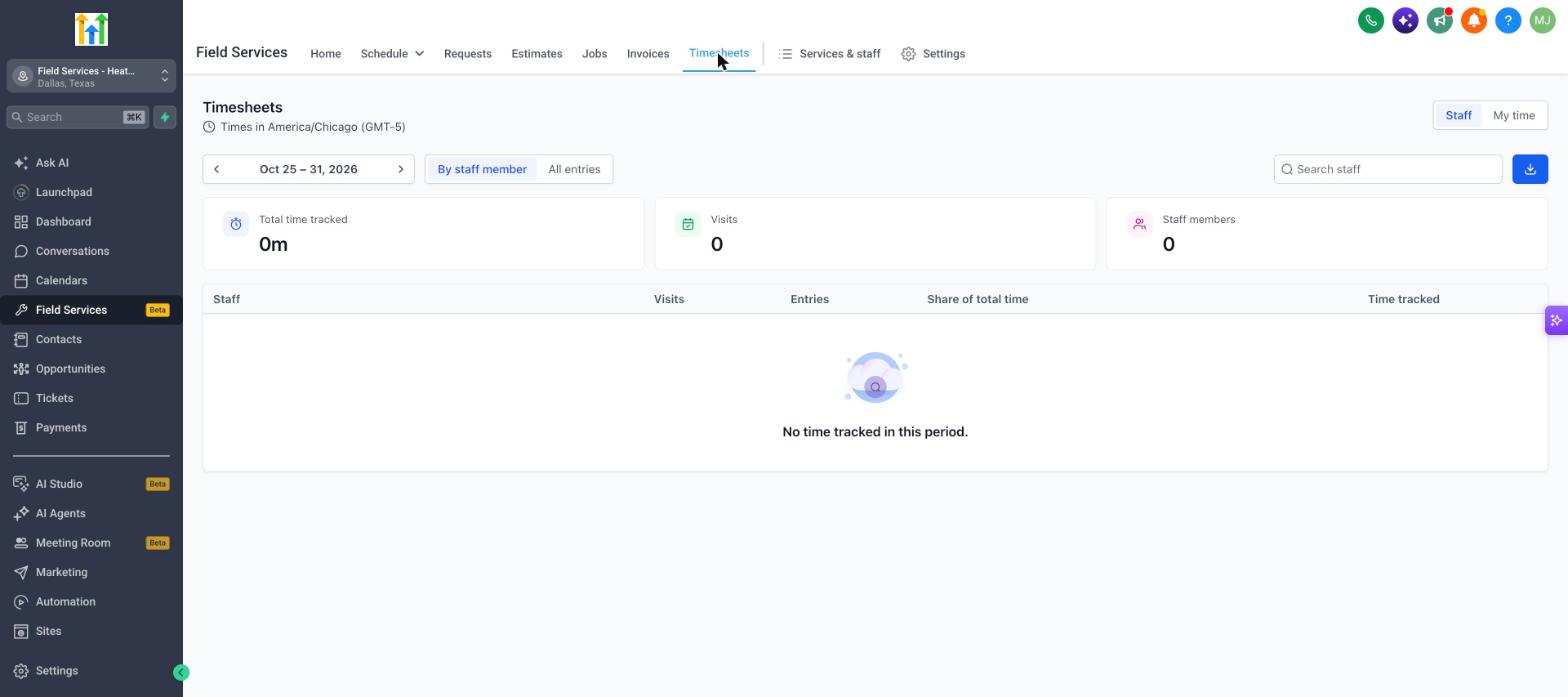 Timesheets page