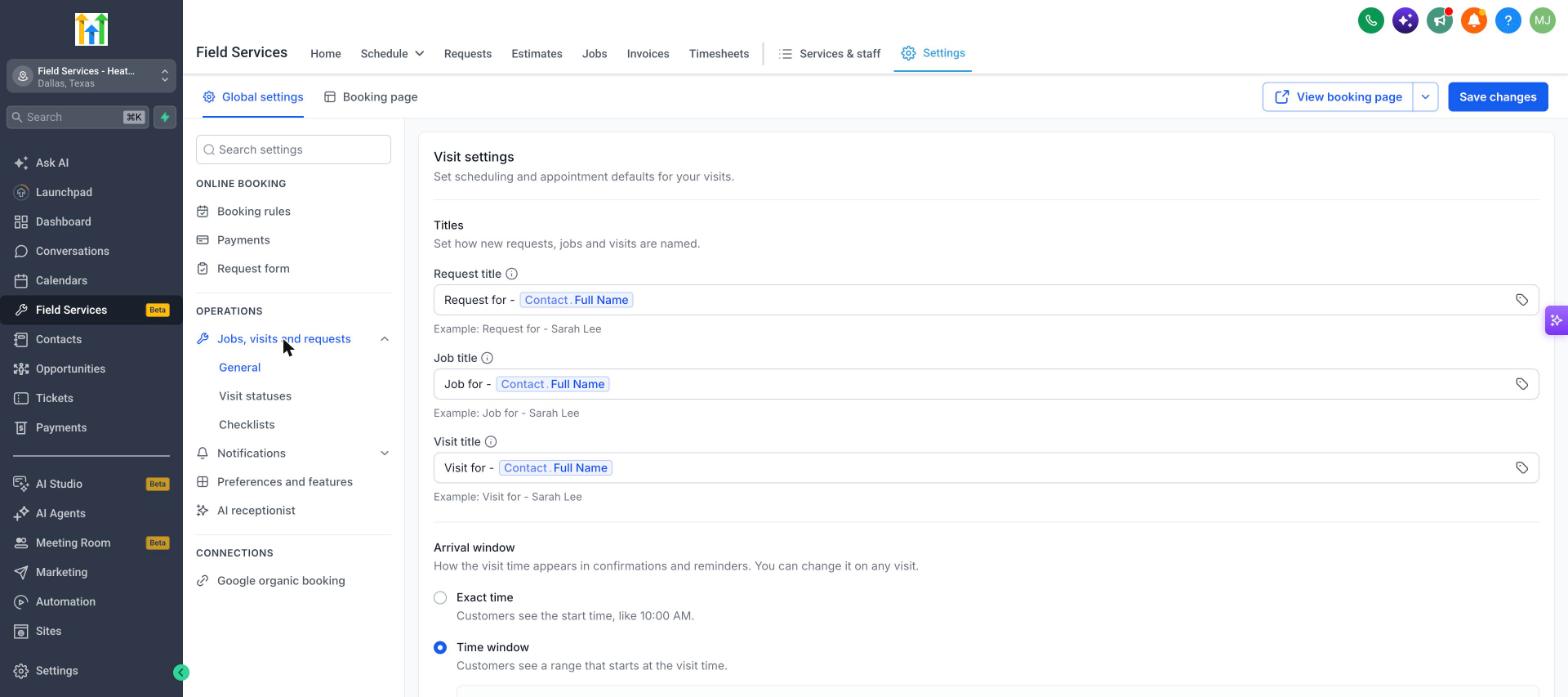 General settings for titles, arrival window and archive reasons