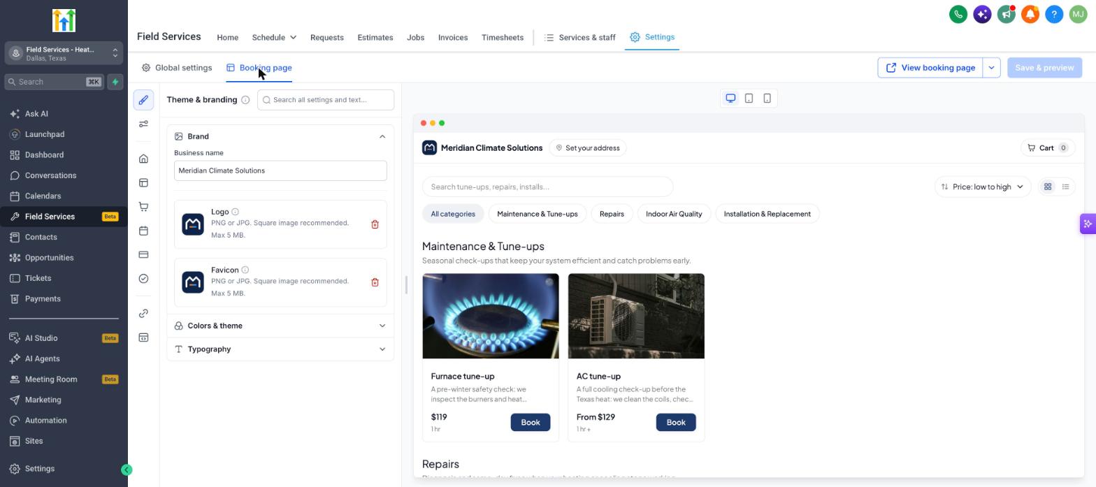 Booking page editor with live preview