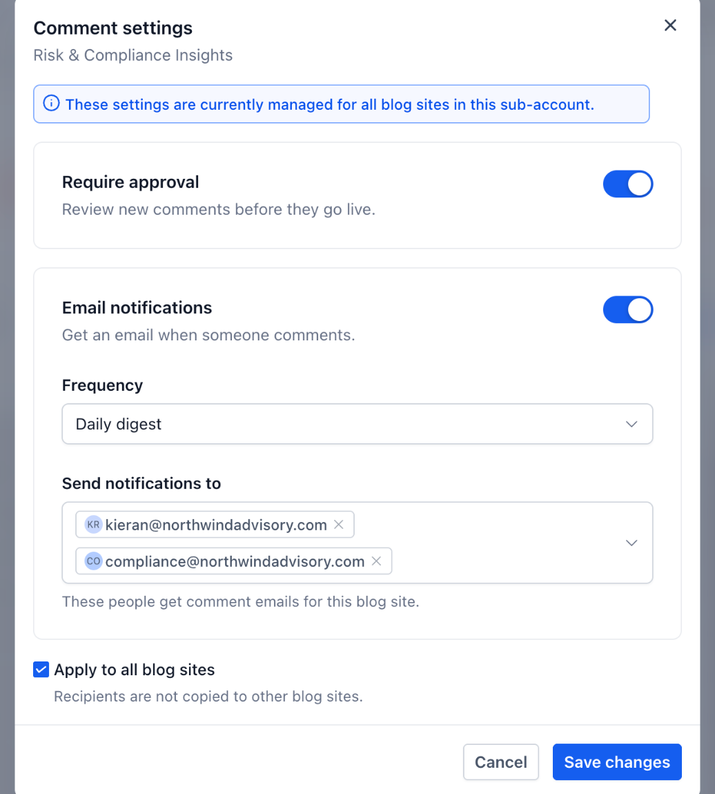 Comment settings window