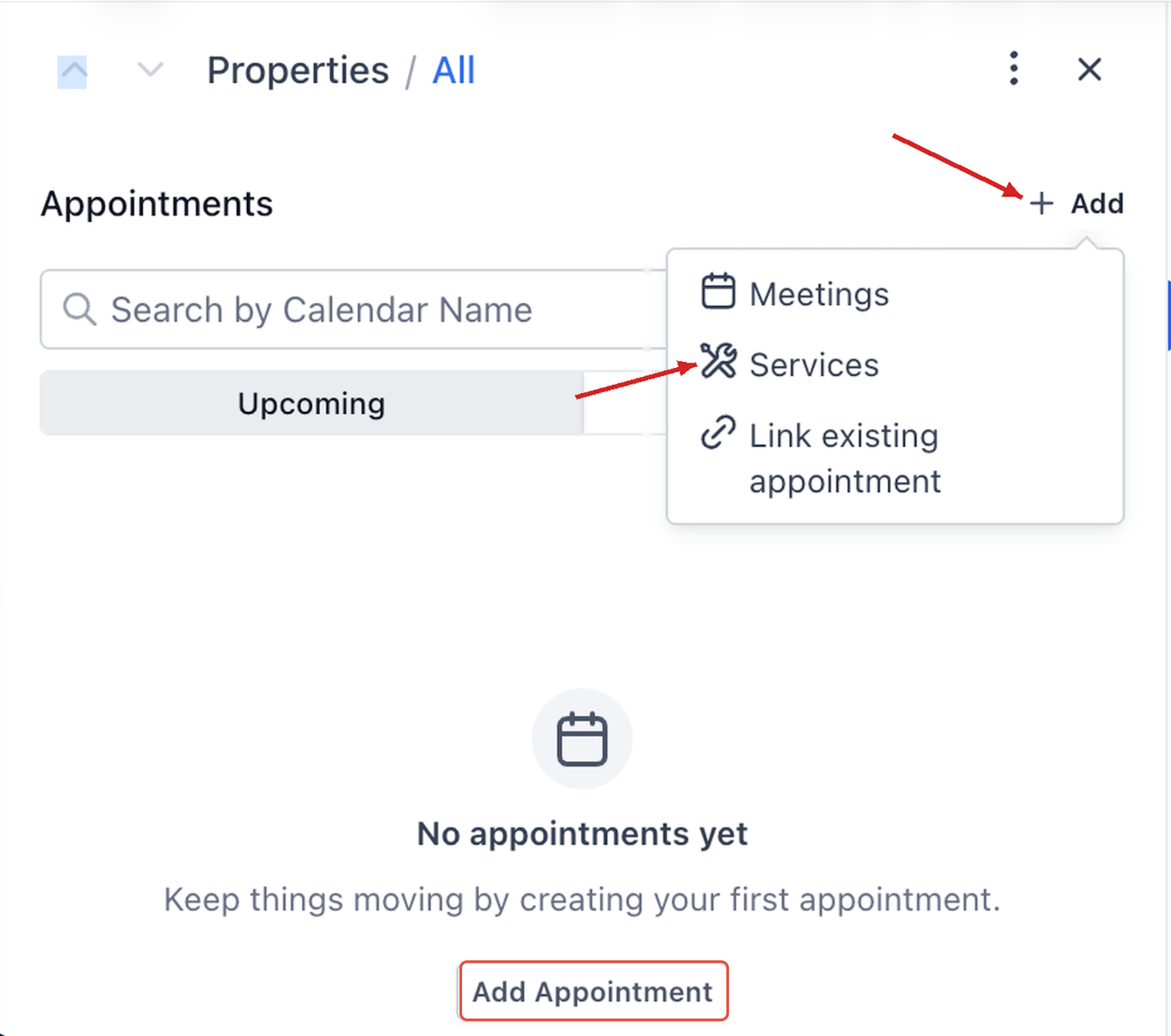 Record-level Appointments menu showing the Services booking option