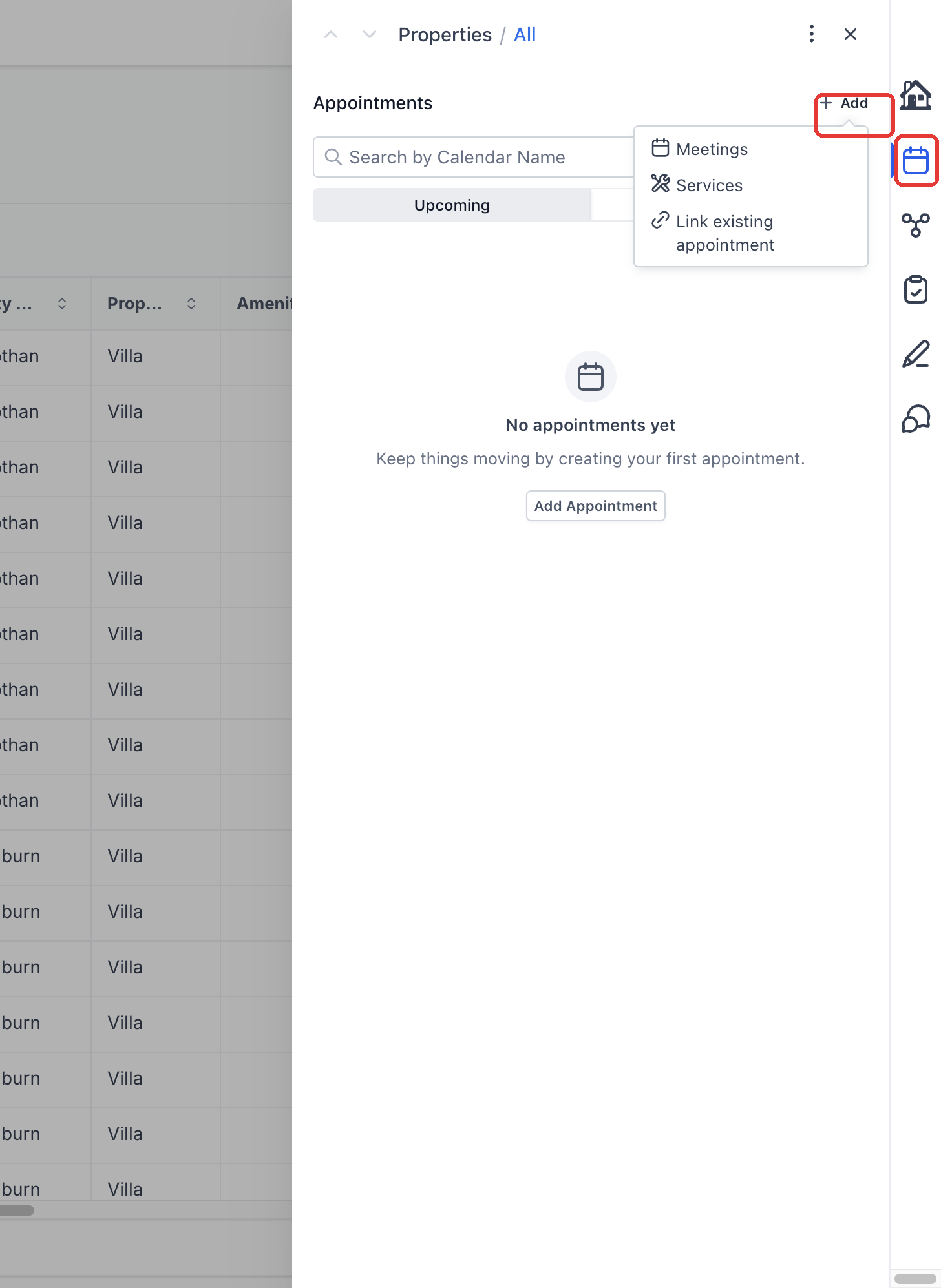 Custom Object record showing the Appointments tab in the right-hand side panel