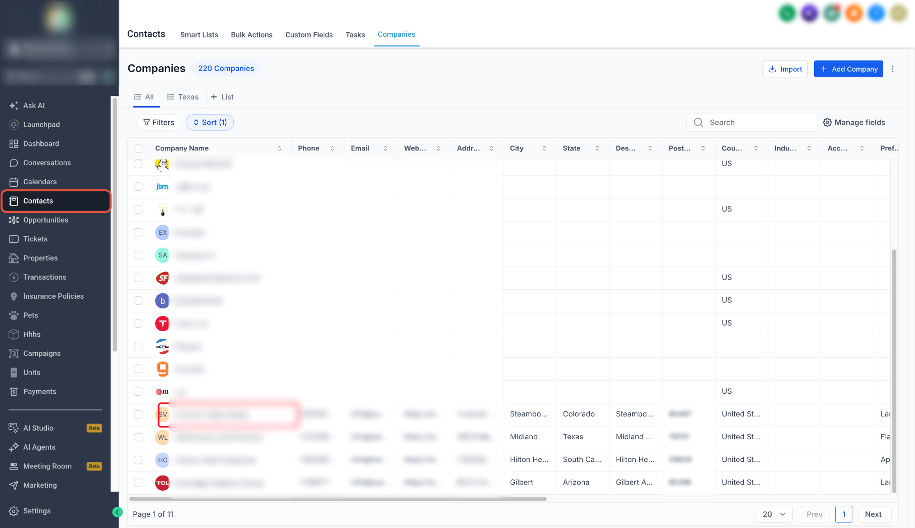 Company list showing the record to open