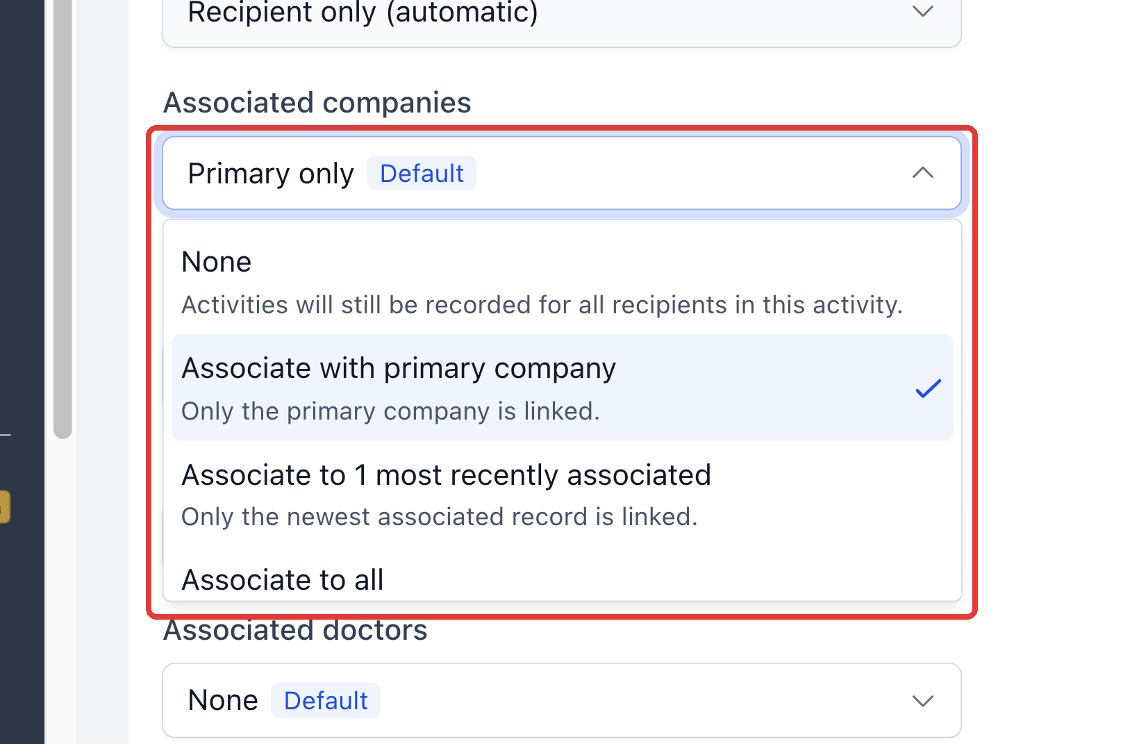 Association rule dropdown showing the Primary option