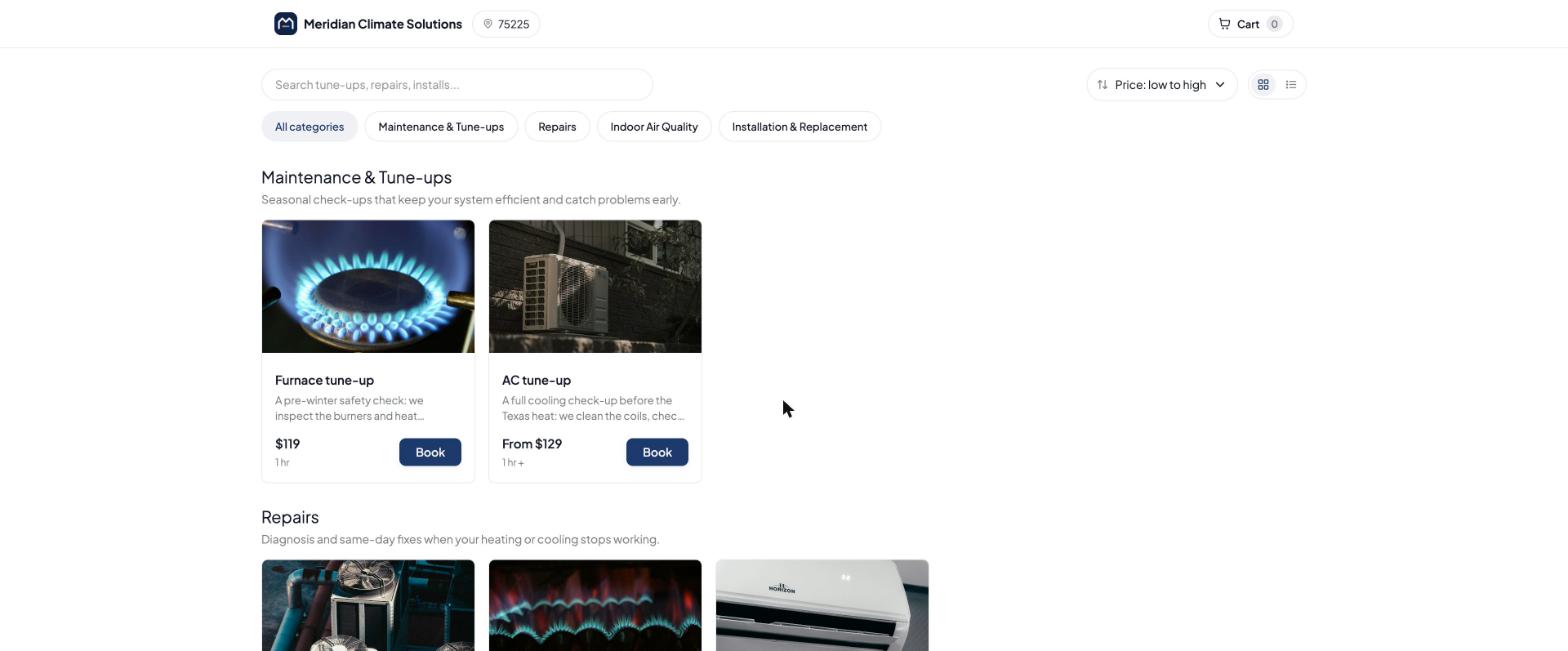 Online booking page showing services grouped by category