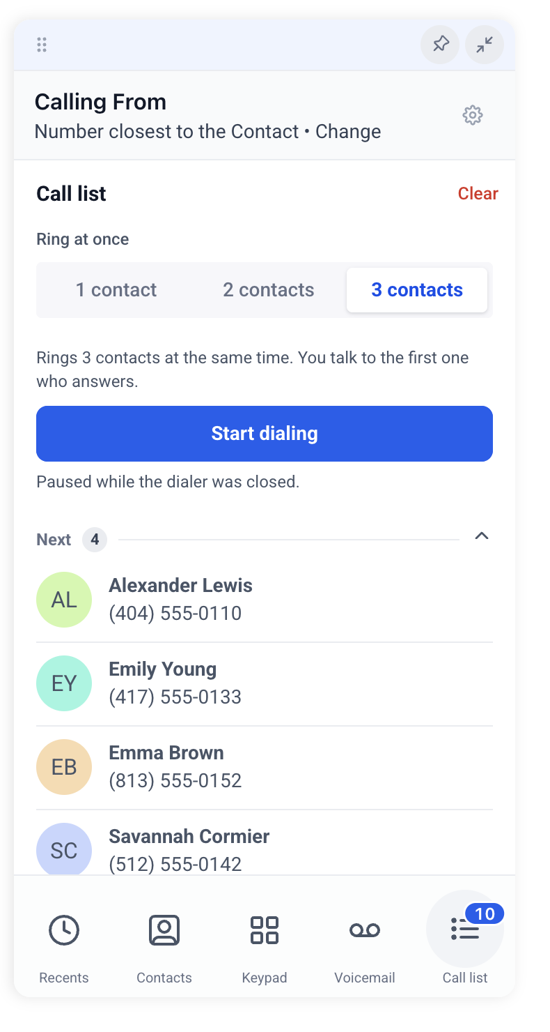 Dialer Call list tab with the Ring at once selector and Start dialing button