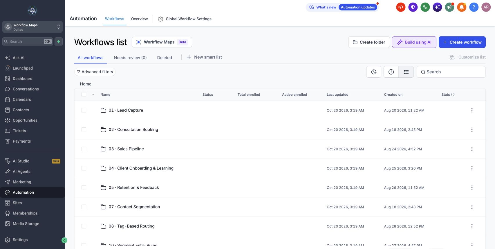 Open Automation → Workflows, then click Workflow Maps beside the Workflows list title.