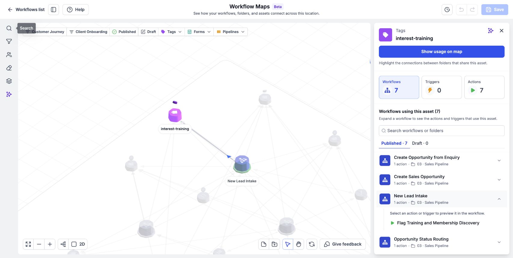 Expand a workflow to inspect the action or trigger that uses the selected asset.