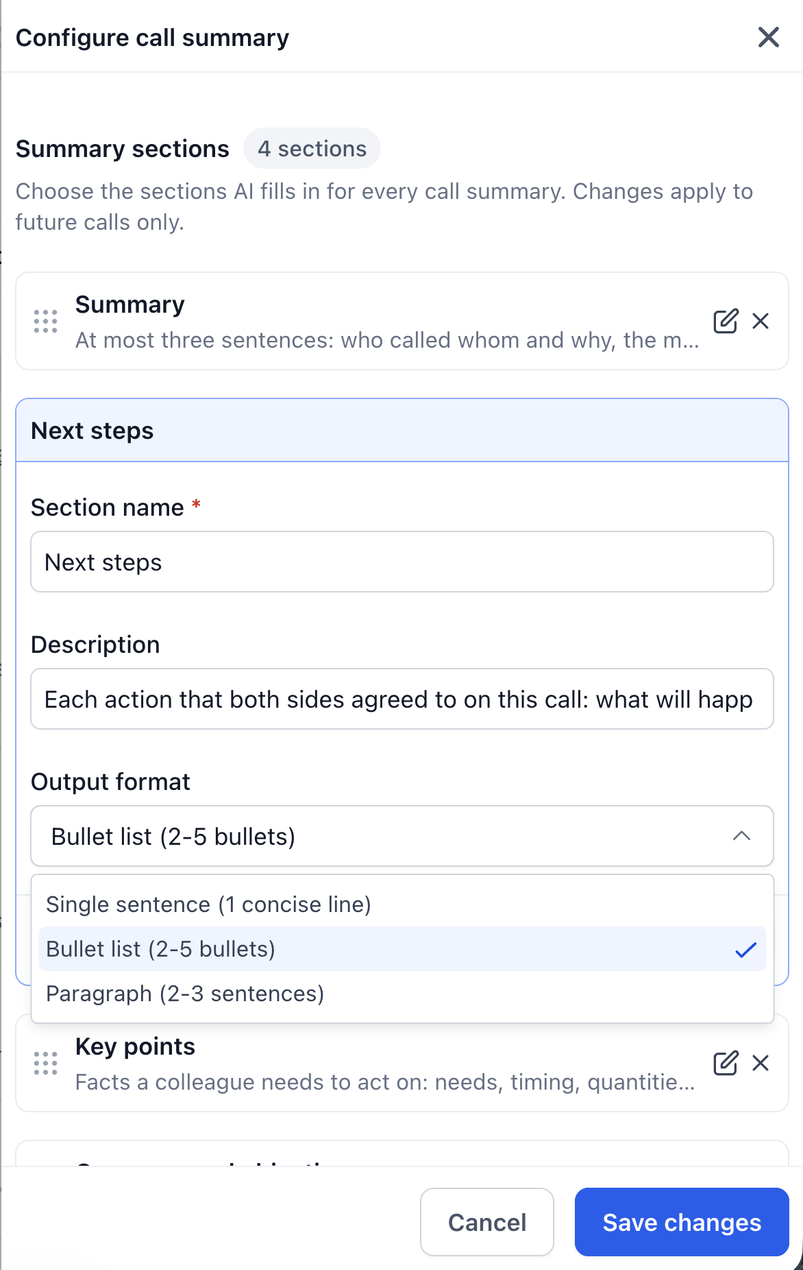 Editing a summary section's name, description and format