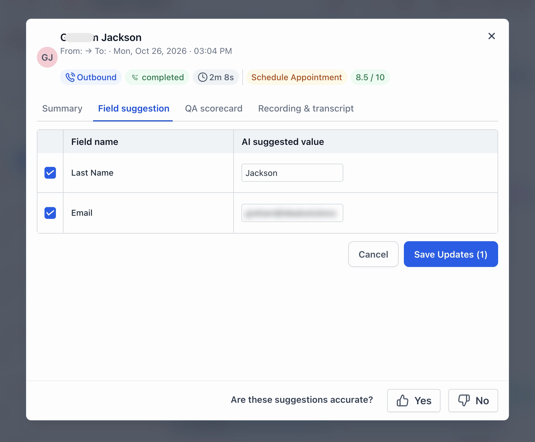 Field suggestion tab with values ready to save