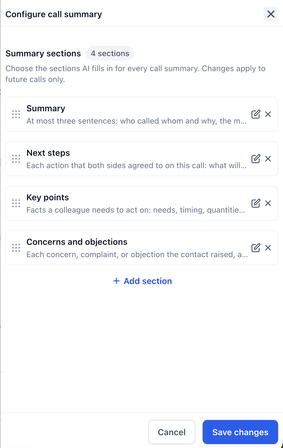 Call summary configuration showing the default sections