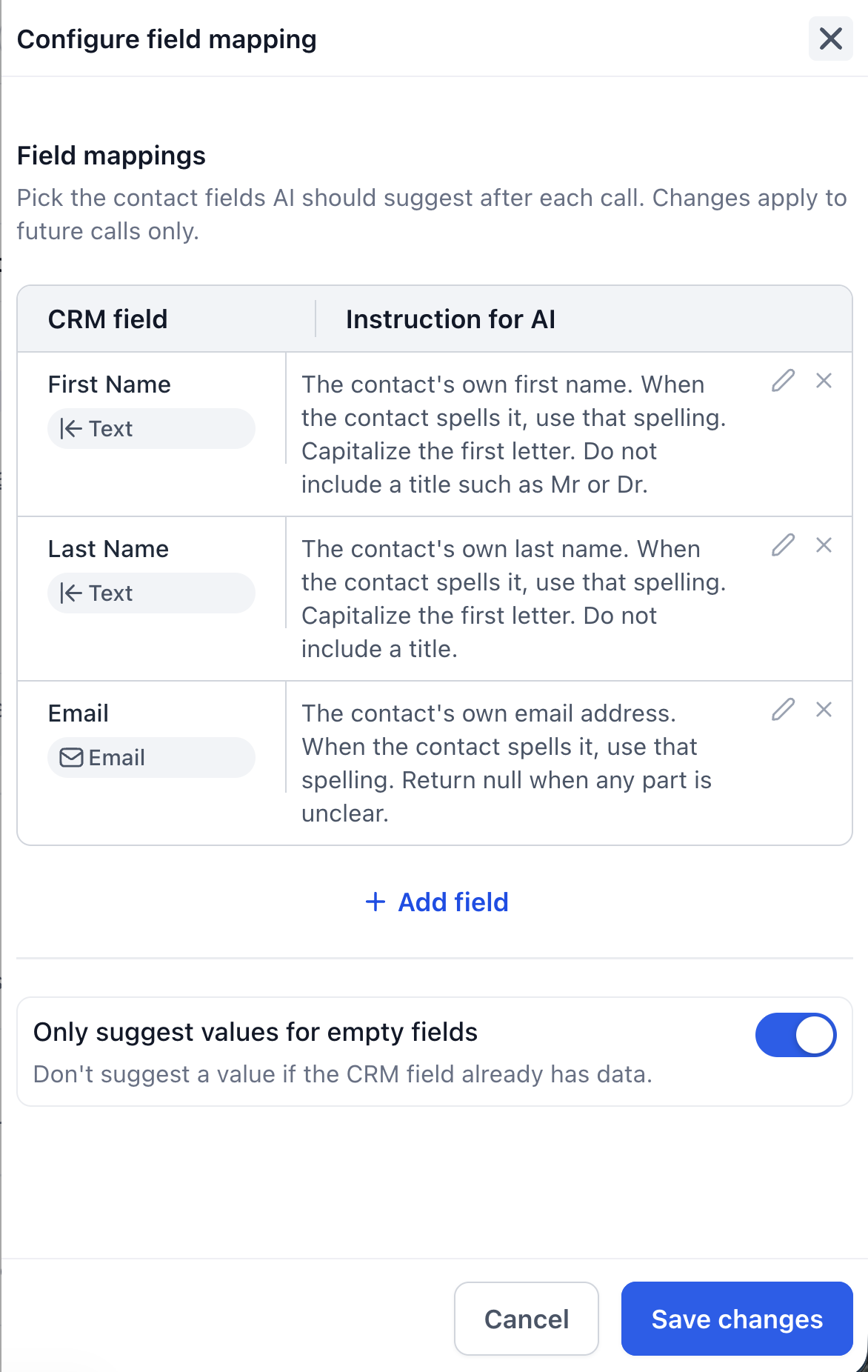 Field suggestions configuration with field instructions