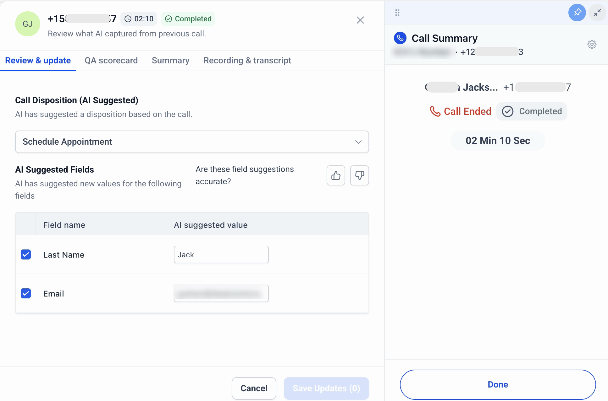 Review and update tab in the dialer after a call