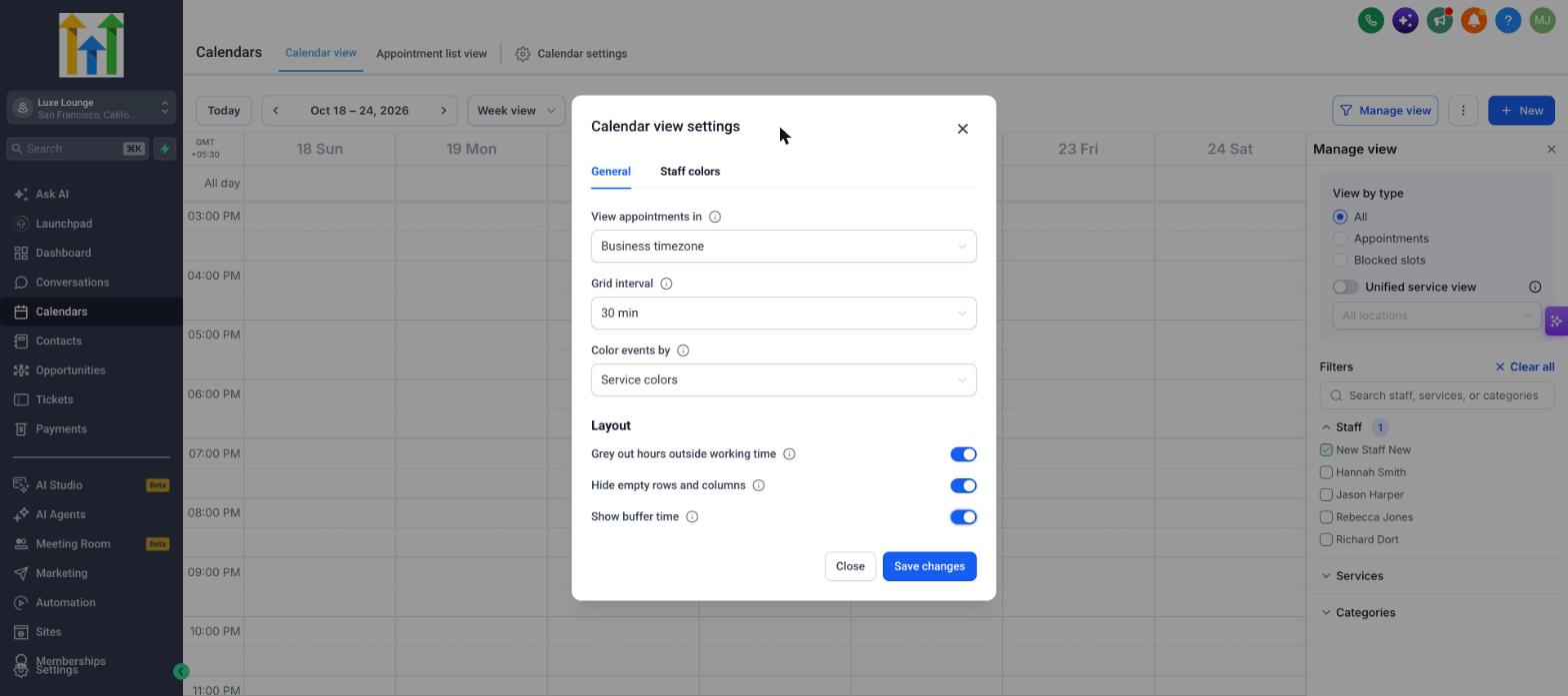 Calendar view settings panel, General tab