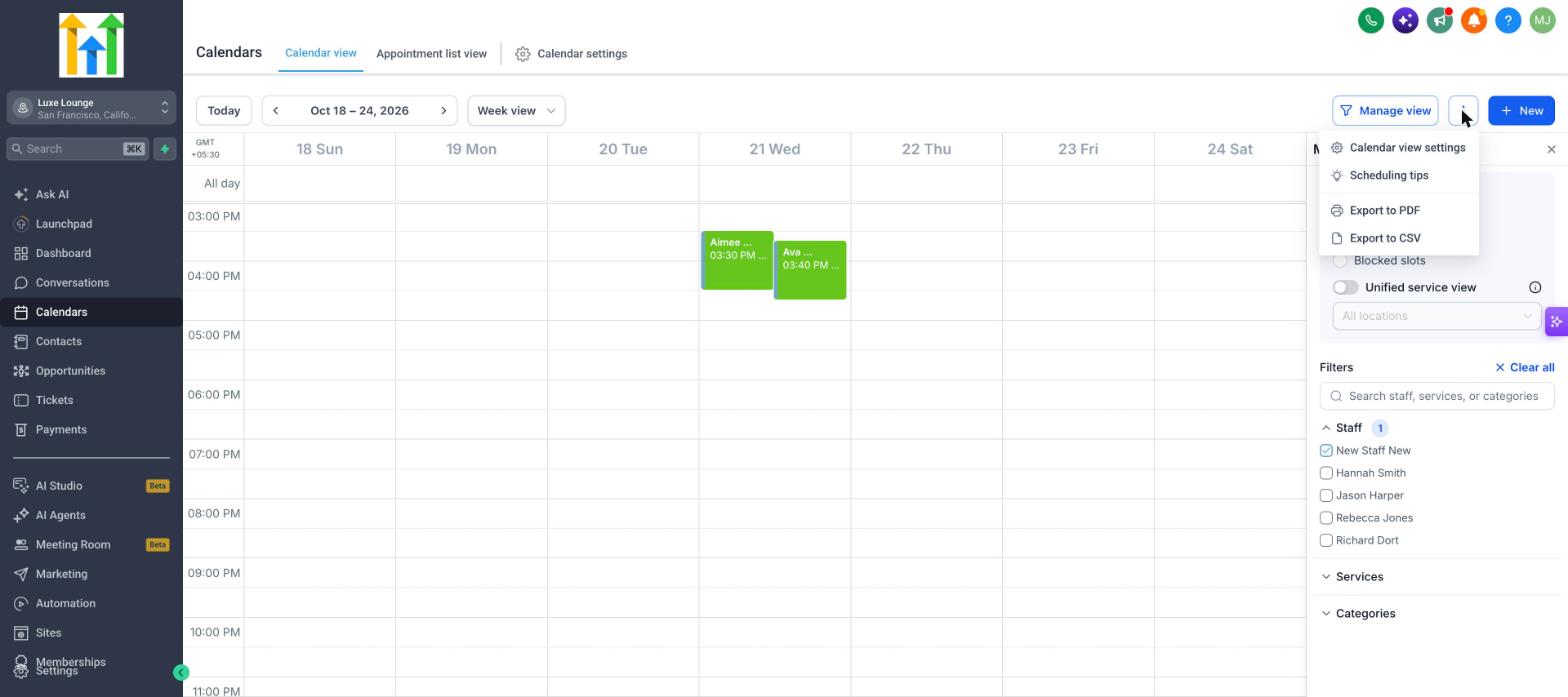 Calendar view toolbar with the more options menu open