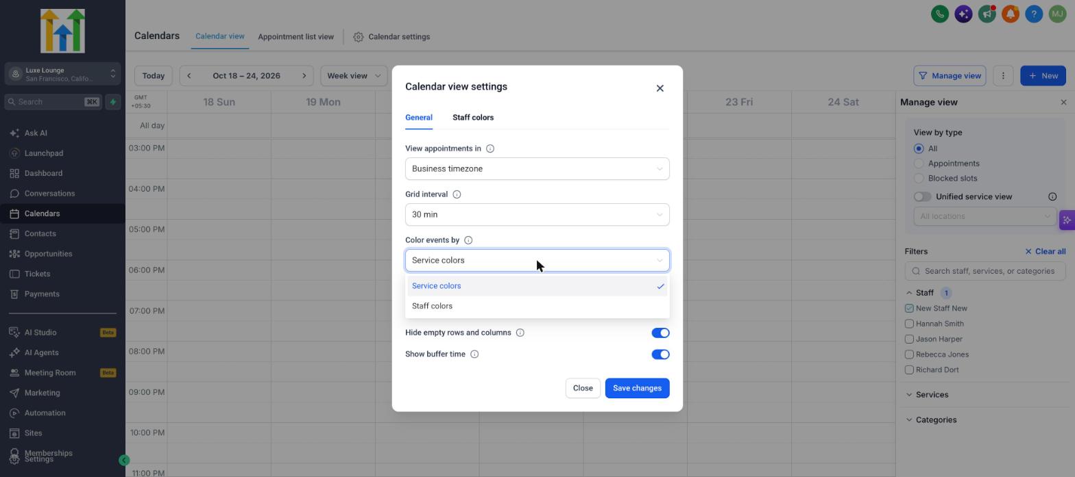 Color events by dropdown with Service colors and Staff colors options