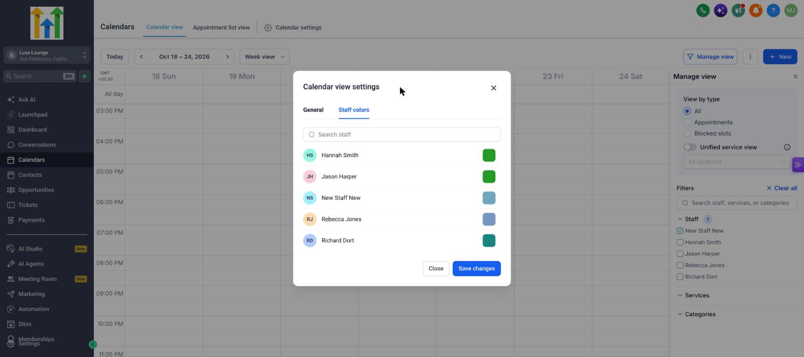 Calendar view settings panel, Staff colors tab