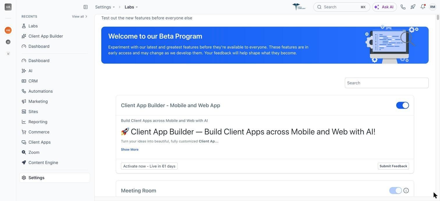 Labs - Client App Builder toggle
