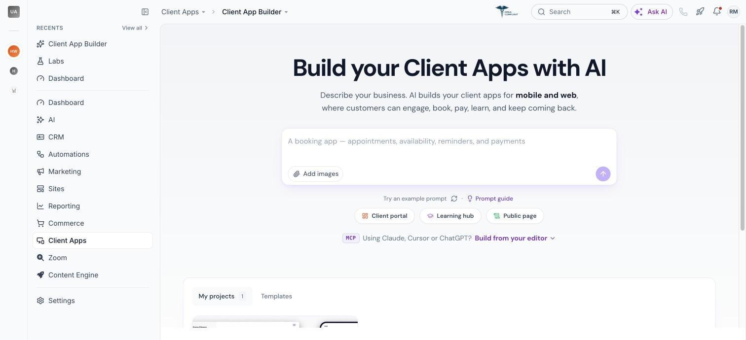 Client App Builder home screen