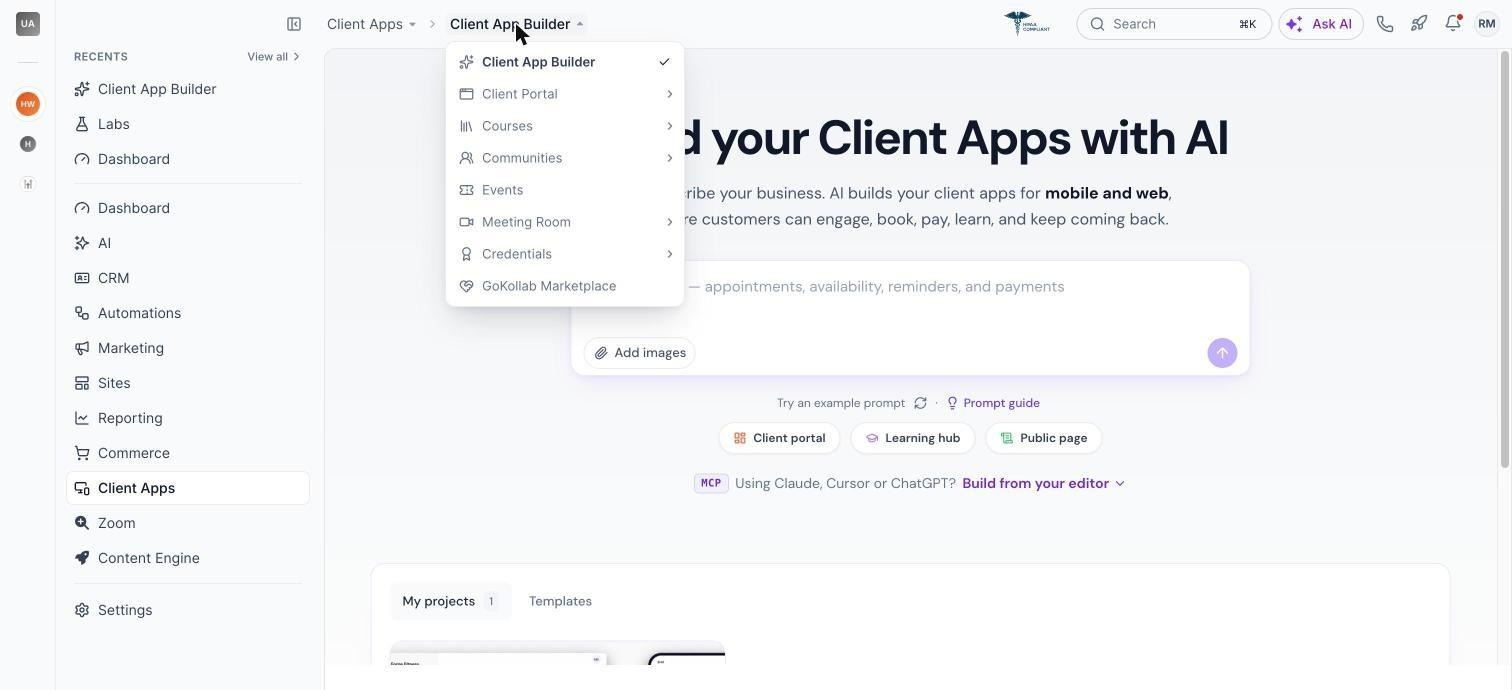 Client Apps menu - Client App Builder