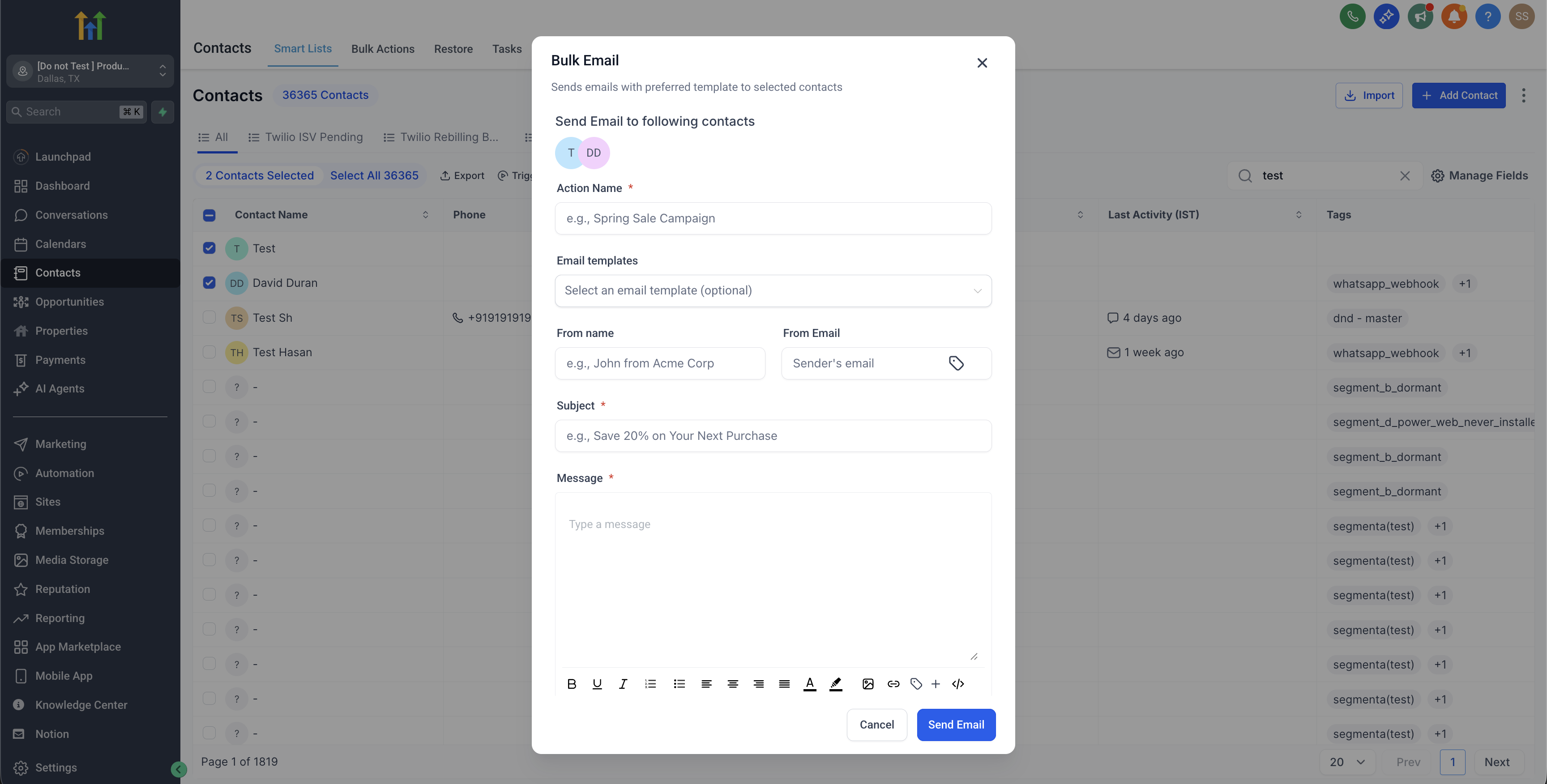 From Name and From Email fields in the bulk send dialog