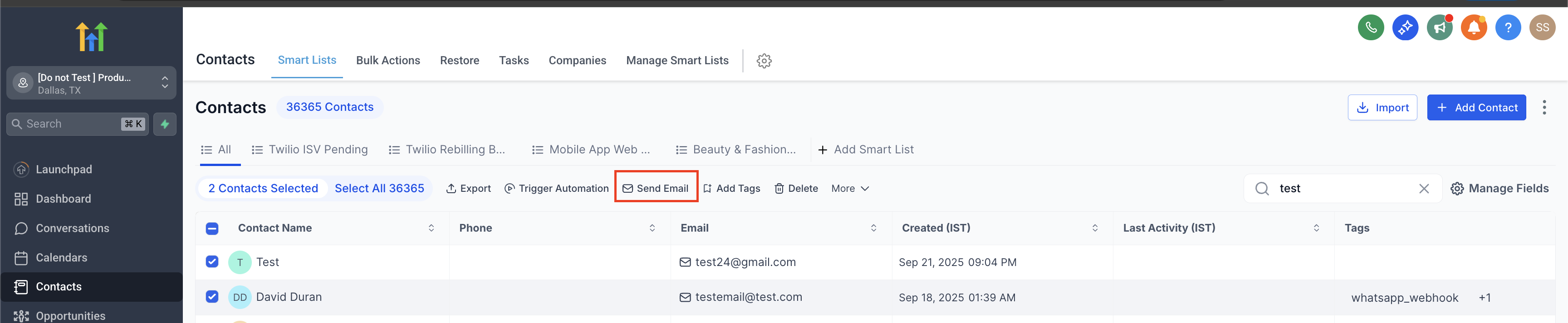Smart Lists with contacts selected — click Send Email