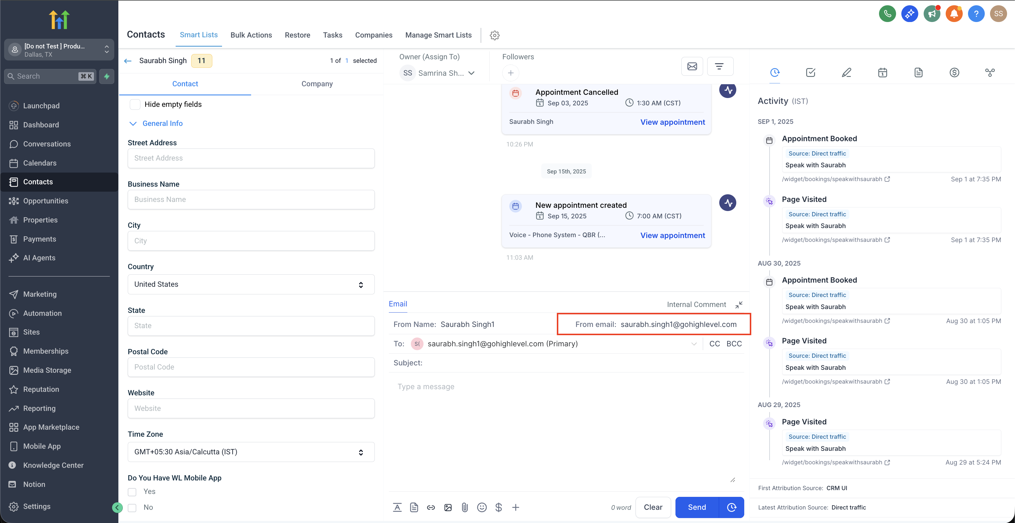 Conversation tab — From email defaults to the logged-in user email
