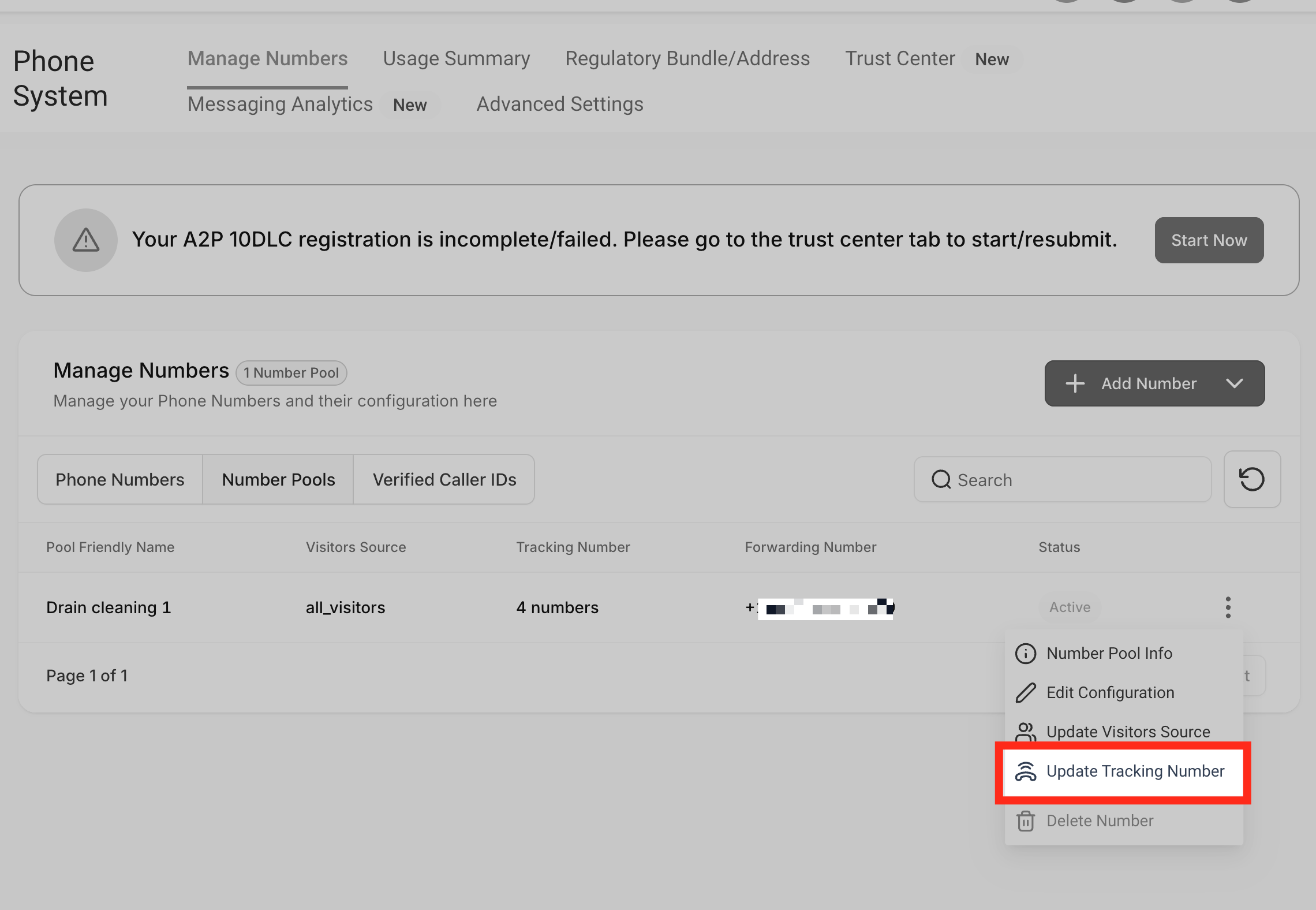 Update Tracking Number option