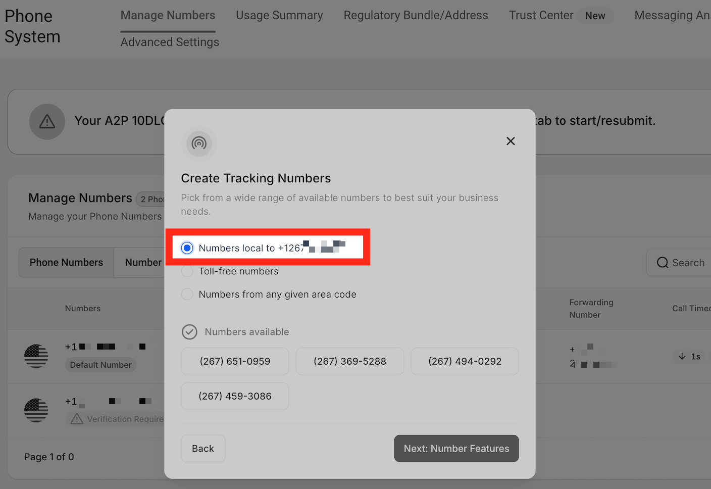 Local number options