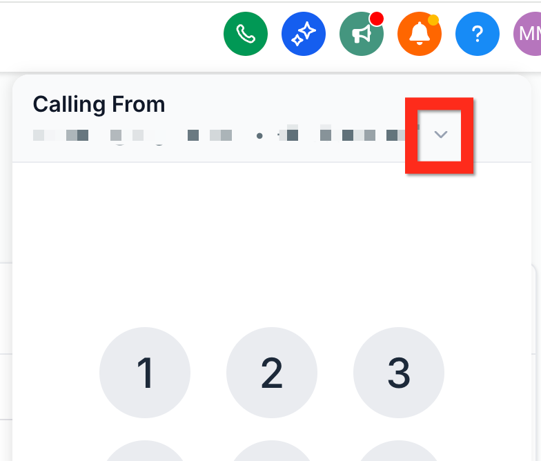 Chat To Clients CRM Web Dialer showing the Calling From dropdown