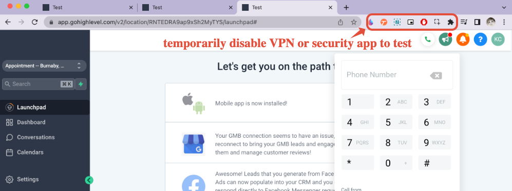 Chrome browser showing VPN and security extensions that can interfere with the Chat To Clients CRM Web Dialer