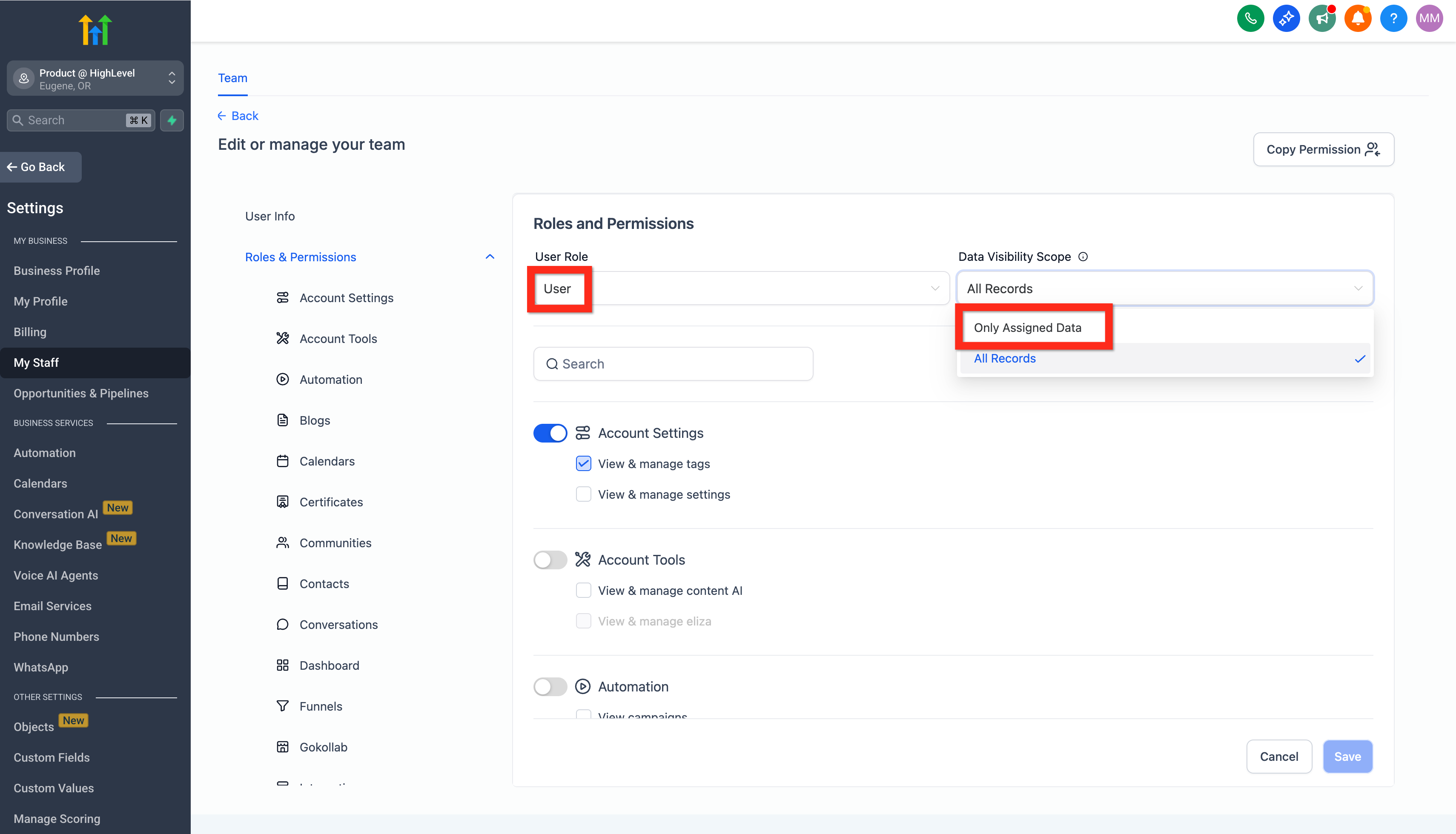 Chat To Clients CRM user Roles and Permissions showing User role and Only Assigned Data