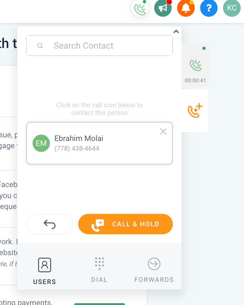 Chat To Clients CRM Web Dialer warm transfer screen showing Call and Hold