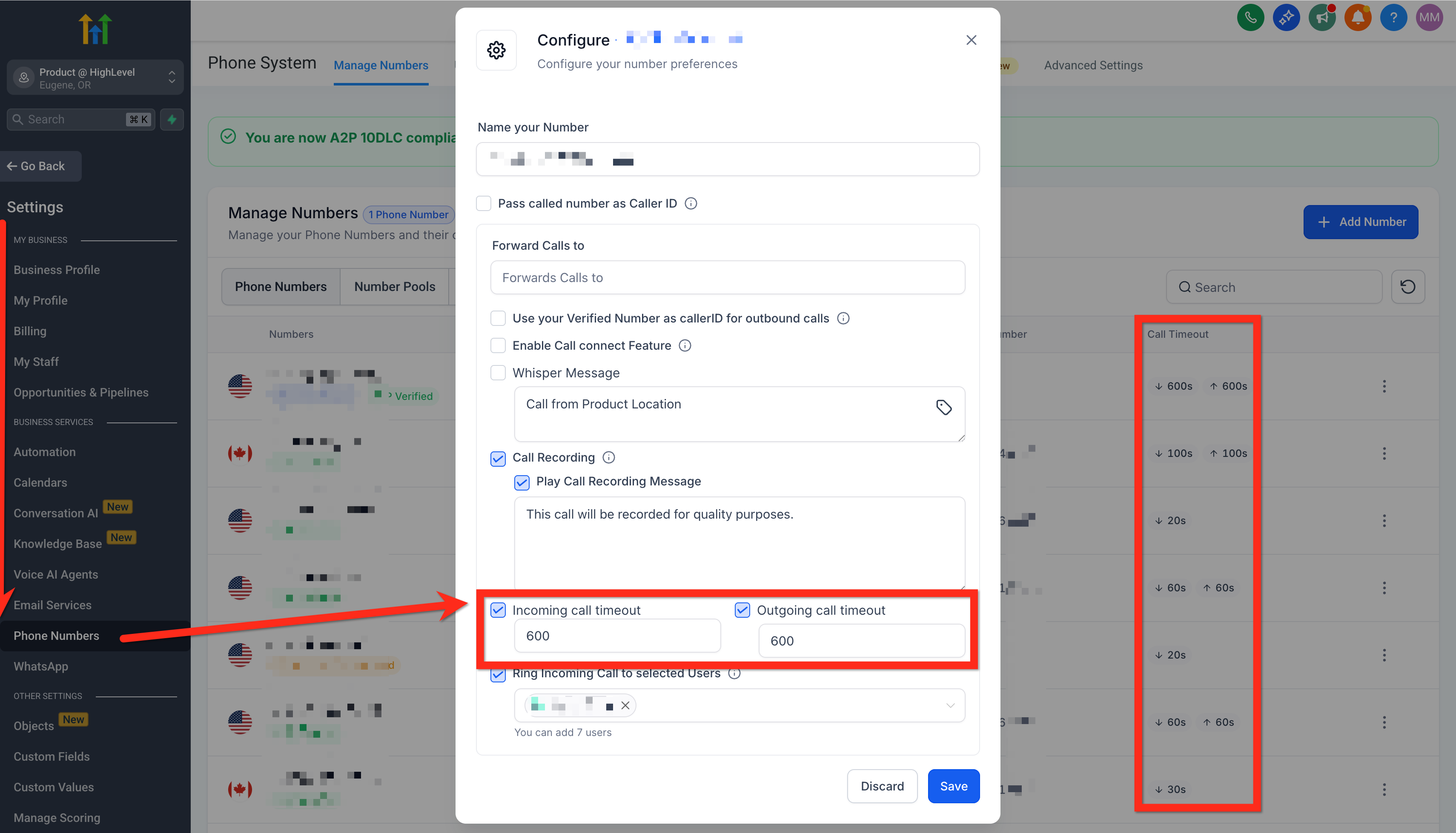 Chat To Clients CRM phone number configuration showing incoming and outgoing call timeout settings