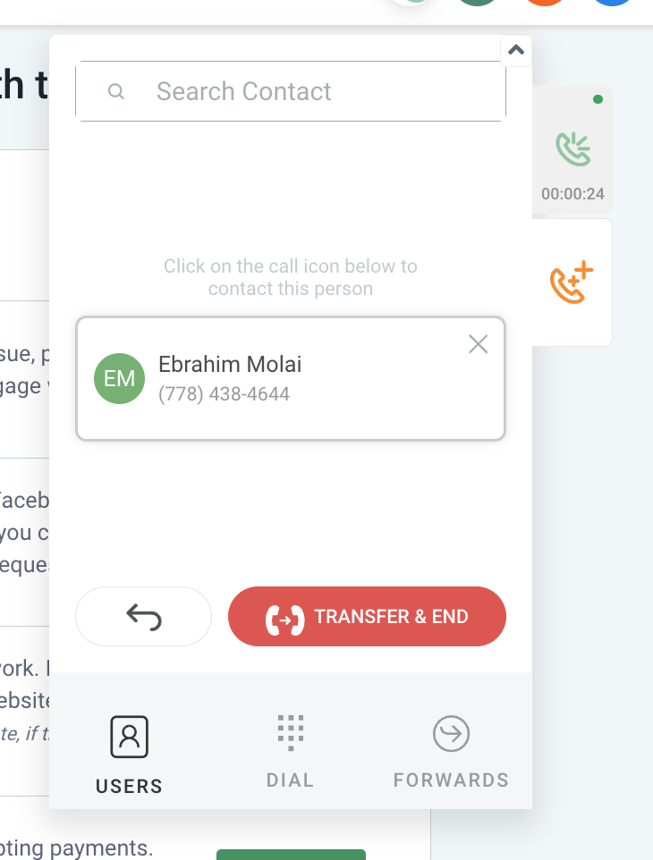 Chat To Clients CRM Web Dialer blind transfer screen showing Transfer and End