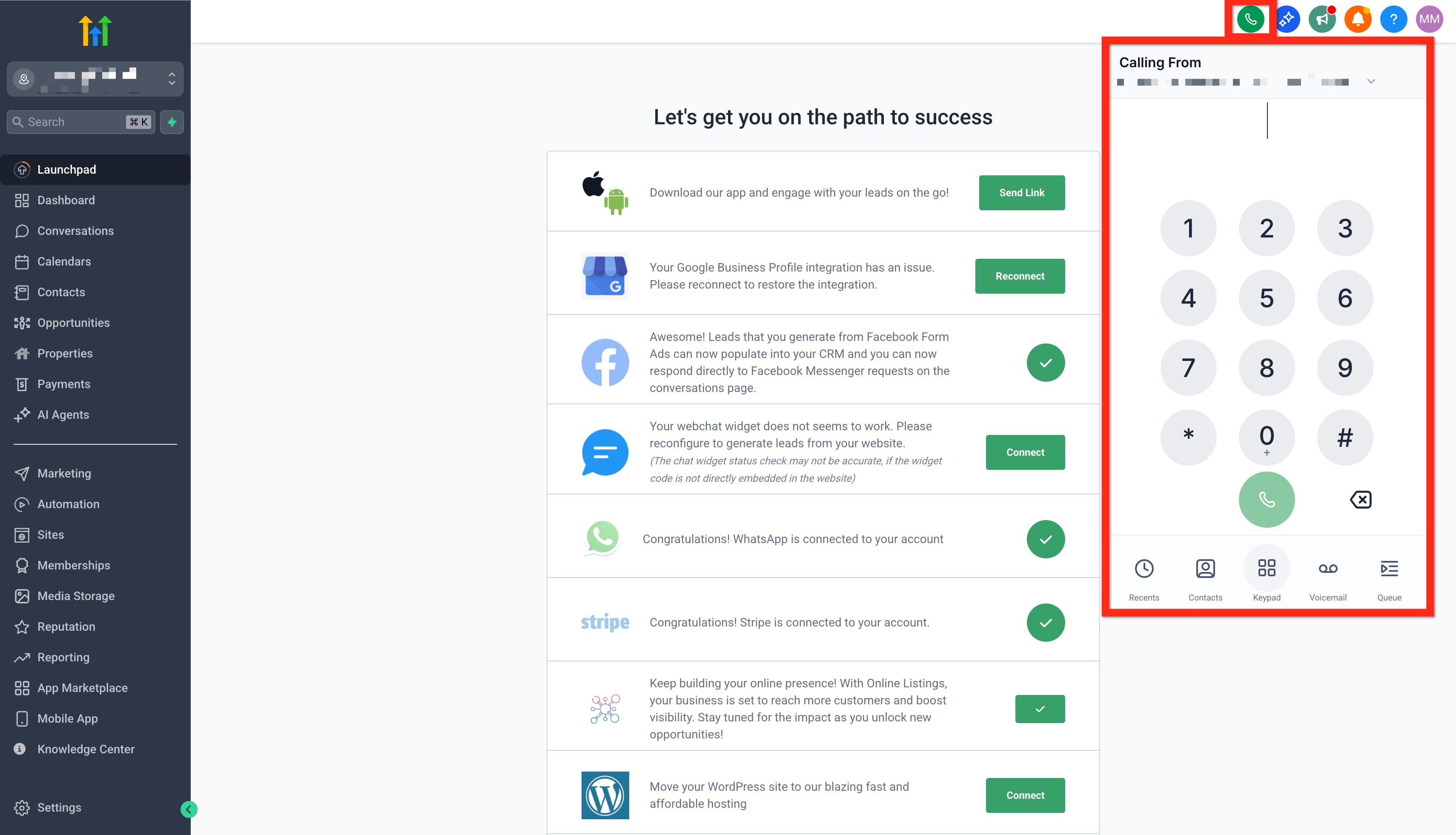 Chat To Clients CRM Web Dialer opened from the green phone icon