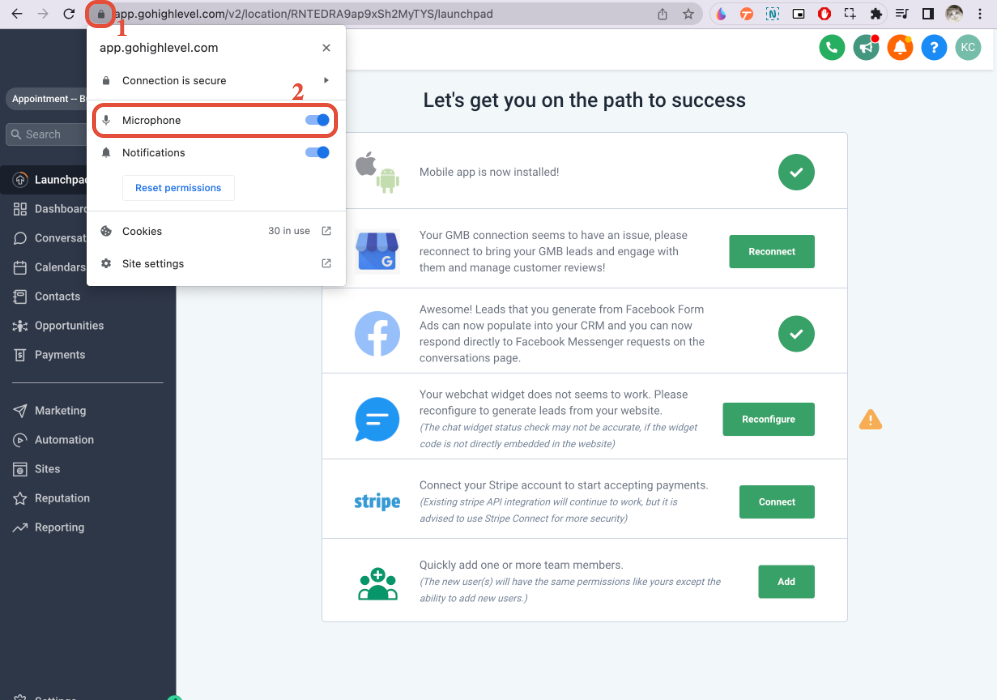 Chrome site information menu showing microphone permission enabled for Chat To Clients CRM