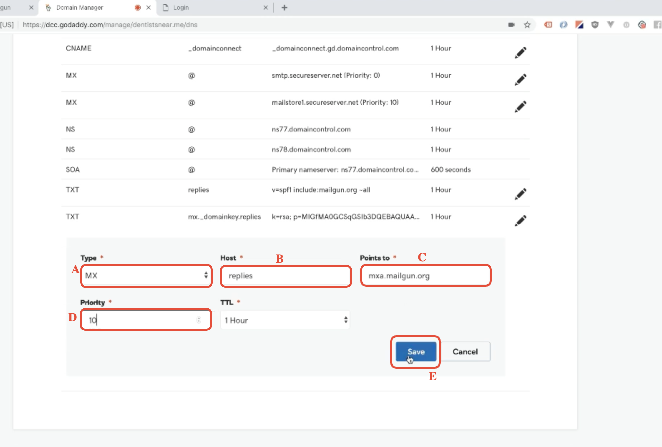 Add MX record form in GoDaddy
